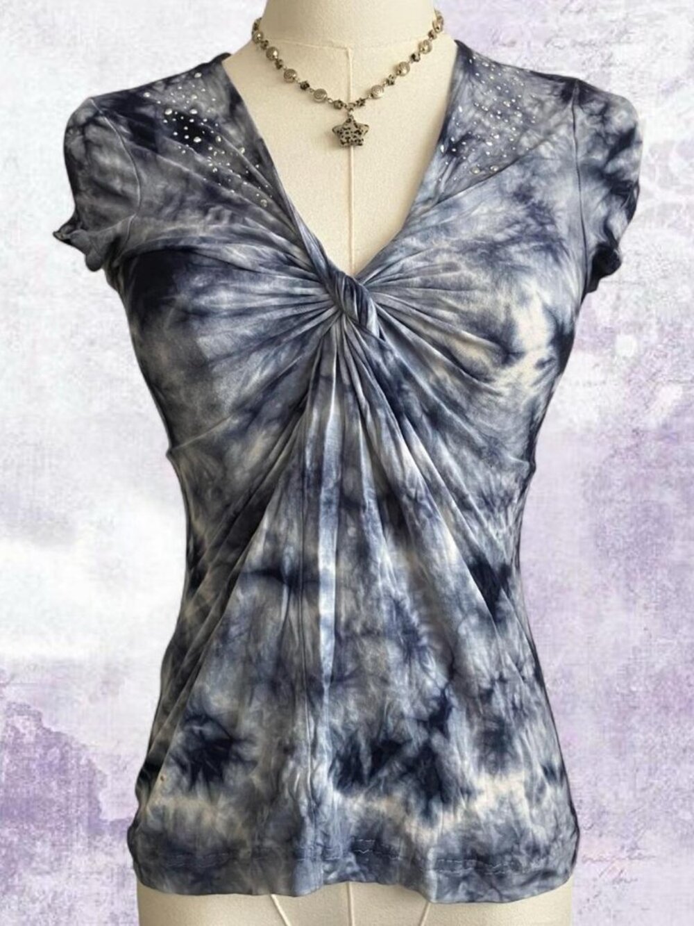 Y2K INC Blue Tie Dye Ruched Twist Front Flutter Sleeve Top Size Petite